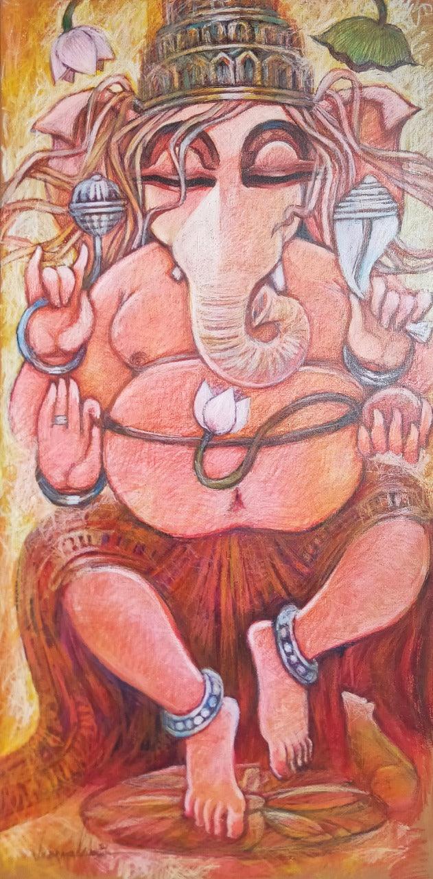 Religious mixed media painting titled 'Gracious', 40x20 inches, by artist Subrata Ghosh on Canvas