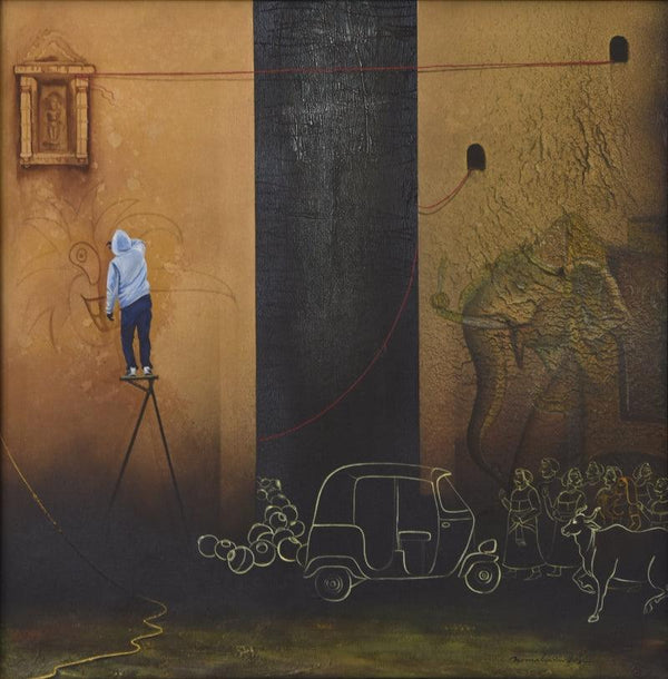 contemporary mixed media painting titled 'Graffiti in Mewar', 36x36 inches, by artist Nirmal Yadav on Canvas