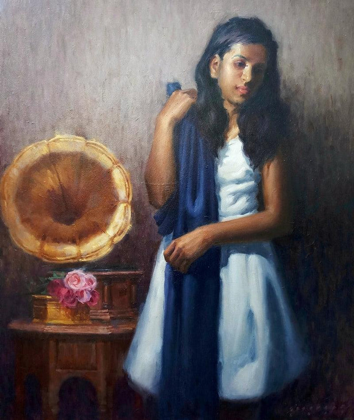 Figurative oil painting titled 'Gramaphone Melody', 36x30 inches, by artist Siddharth Gavade on Canvas