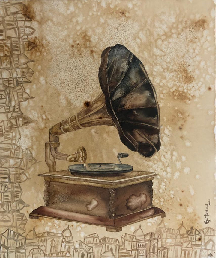 Still-life coffee & watercolor painting titled 'Gramophone', 24x20 inches, by artist AfzaTamkanat on Canvas