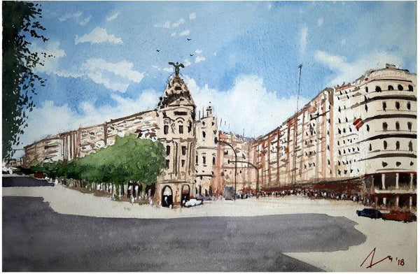 Cityscape watercolor painting titled 'Gran Via Madrid Spain', 7x11 inches, by artist Arunava Ray on Paper