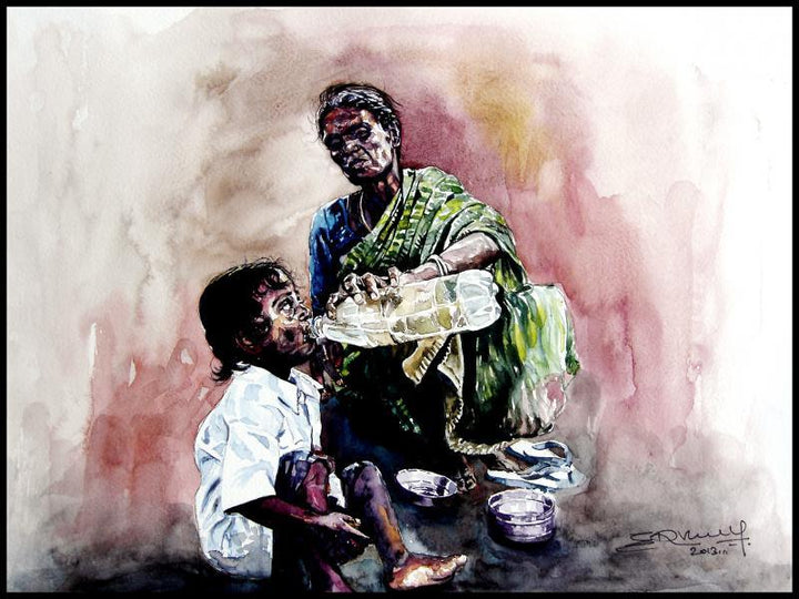 Figurative watercolor painting titled 'Grand Mother Love 1', 15x11 inches, by artist SRV ARTIST on Handmade Paper