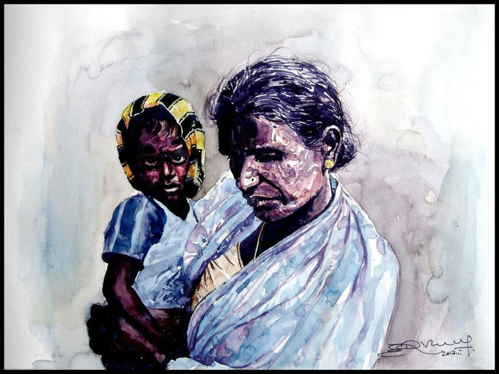 Figurative watercolor painting titled 'Grand Mother Love 2', 15x11 inches, by artist SRV ARTIST on Handmade Paper