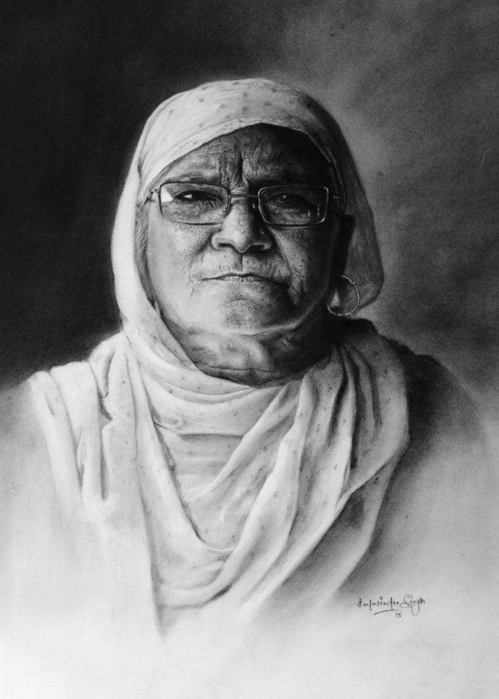 Portrait charcoal drawing titled 'Grandmother', 30x22 inches, by artist Kulwinder Singh on Paper