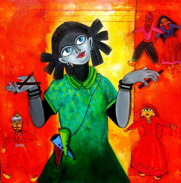 Figurative acrylic painting titled 'Grandmothers Doll', 30x30 inches, by artist Sharmi Dey on Canvas