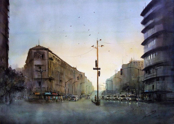 Cityscape watercolor painting titled 'Grantroad nanachowak', 36x27 inches, by artist Swapnil Mhapankar on Handmade Paper