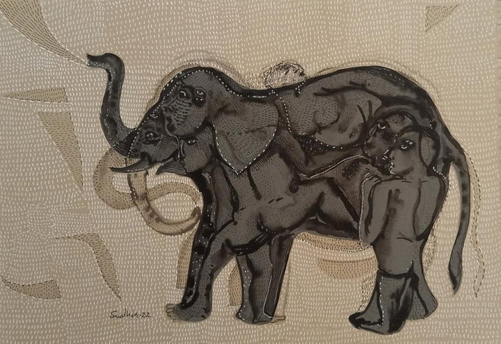 Animals mixed media painting titled 'Grapple 2', 8x12 inches, by artist Sudhir Shukla on Paper