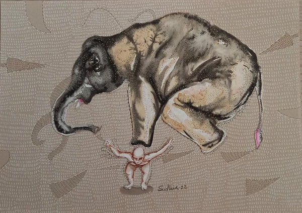 Animals mixed media painting titled 'Grapple 4', 8x12 inches, by artist Sudhir Shukla on Paper