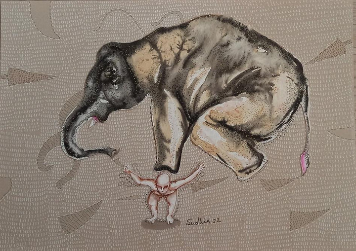 Animals mixed media painting titled 'Grapple 4', 8x12 inches, by artist Sudhir Shukla on Paper