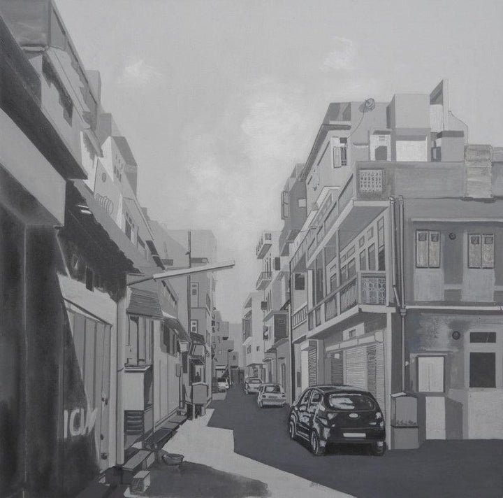 Cityscape acrylic painting titled 'Gray Street', 24x24 inches, by artist Ajay Mishra on Canvas