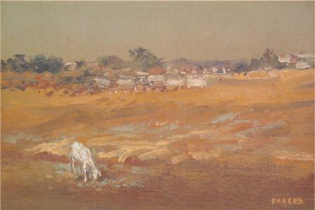 Landscape oil painting titled 'Grazing Goat', 7x10 inches, by artist Fareed Ahmed on Canvas Board