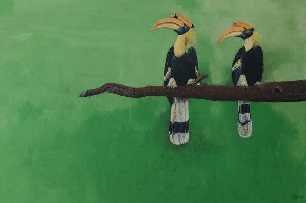 Animals acrylic painting titled 'Great Indian Hornbills', 24x36 inches, by artist Yashodan Heblekar on Canvas