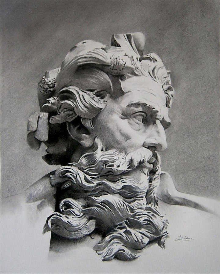 Realistic charcoal drawing titled 'Greekgod', 27x21 inches, by artist Sujith Puthran on Paper