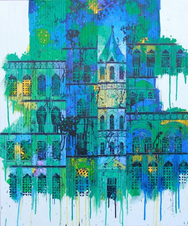 Cityscape acrylic painting titled 'Green Blue City with Reflection', 36x30 inches, by artist Suresh Gulage on Canvas