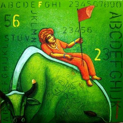 Figurative acrylic painting titled 'Green Bull', 12x12 inches, by artist Samir Sarkar on Canvas