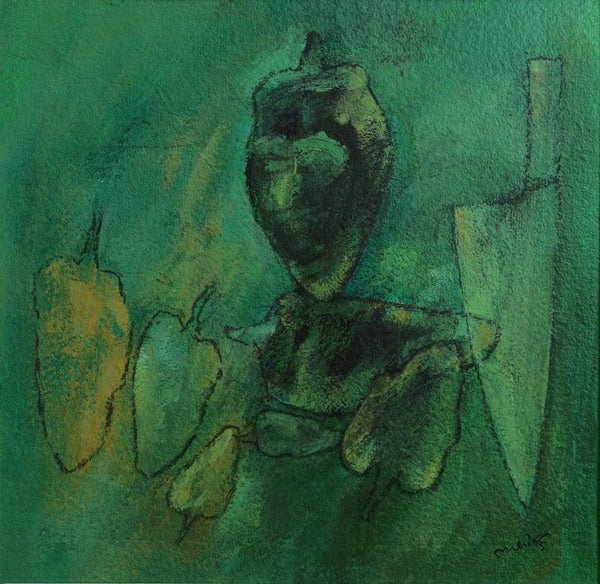 Food acrylic painting titled 'Green Chillies', 8x8 inches, by artist Mahendra Parmar on Paper