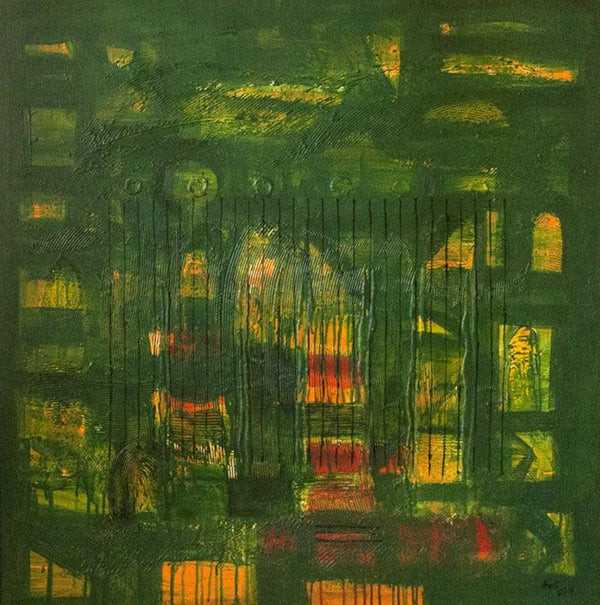 Abstract mixed media painting titled 'Green Enlightened', 36x36 inches, by artist Arvind Hate on Mixedmedia