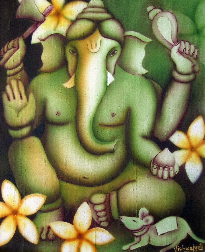 Religious airbrush painting titled 'Green Ganesha', 34x28 inches, by artist Vishwajyoti Mohrhoff on Canvas