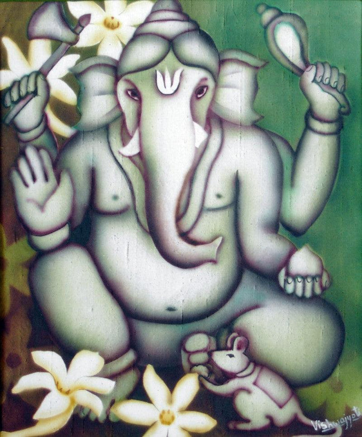 Religious airbrush painting titled 'Green Ganesha II', 30x25 inches, by artist Vishwajyoti Mohrhoff on Canvas