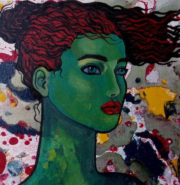 Figurative oil painting titled 'Green Girl', 12x12 inches, by artist Suruchi Jamkar on Canvas