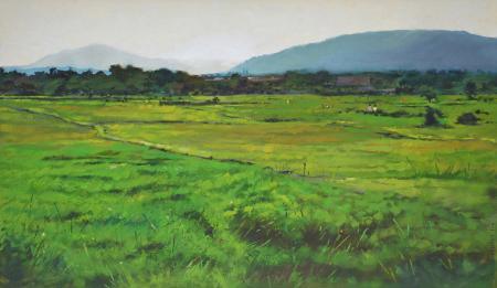 Landscape oil painting titled 'Green Heaven', 18x30 inches, by artist Sachin Sawant on Canvas