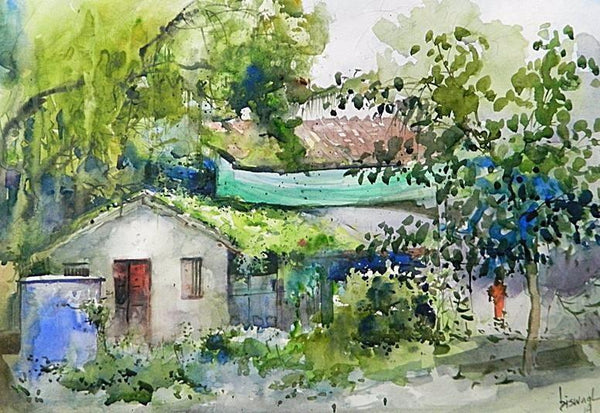 Cityscape watercolor painting titled 'Green House', 11x16 inches, by artist Bijay Biswaal on Paper