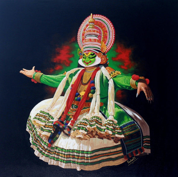 Figurative acrylic painting titled 'Green Kathkali 2', 30x30 inch, by artist Prashantt Yampure on Canvas