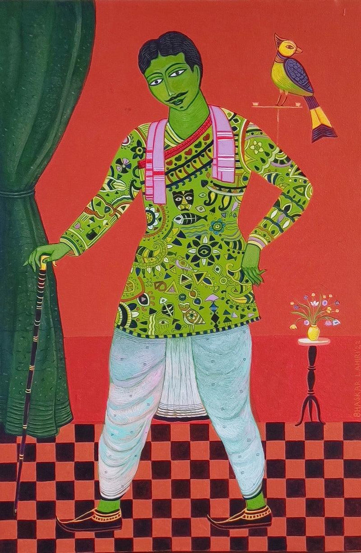 Figurative acrylic painting titled 'Green Man', 30x20 inches, by artist Bhaskar Lahiri on Canvas