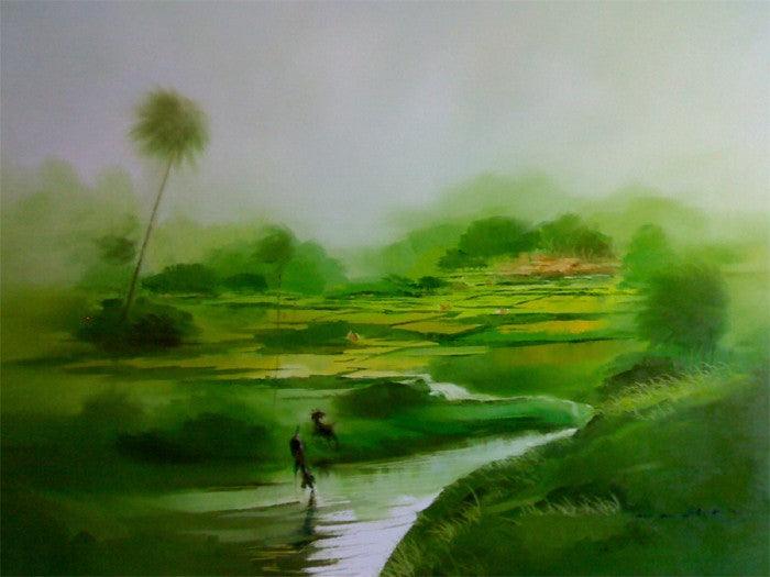 Nature oil painting titled 'Green Nature I', 36x48 inches, by artist Narayan Shelke on Canvas