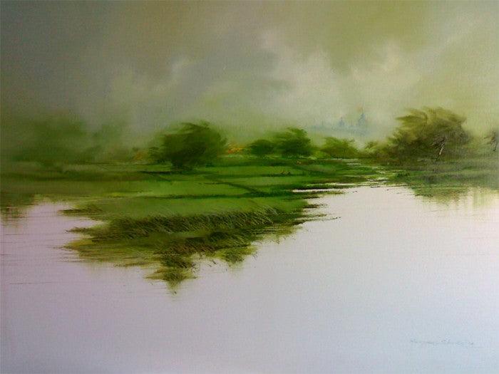 Seascape oil painting titled 'Green Nature II', 36x48 inches, by artist Narayan Shelke on Canvas