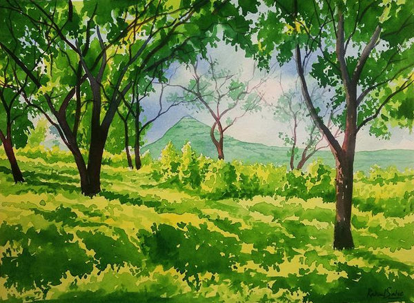 Landscape watercolor painting titled 'Green Peace', 15x11 inches, by artist Rahul Salve on Paper