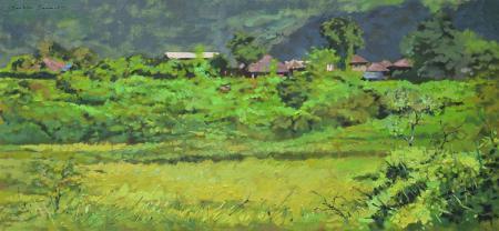 Landscape oil painting titled 'Green Village 3', 15x32 inches, by artist Sachin Sawant on Canvas