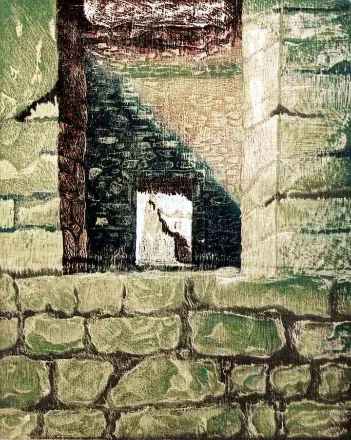 contemporary printmaking titled 'Green Window', 24x19 inches, by artist Tapan Madkikar on Paper