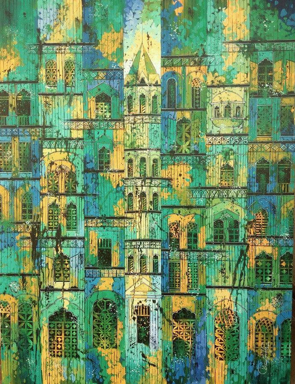 Cityscape acrylic painting titled 'Green Yellow City', 48x36 inches, by artist Suresh Gulage on Canvas