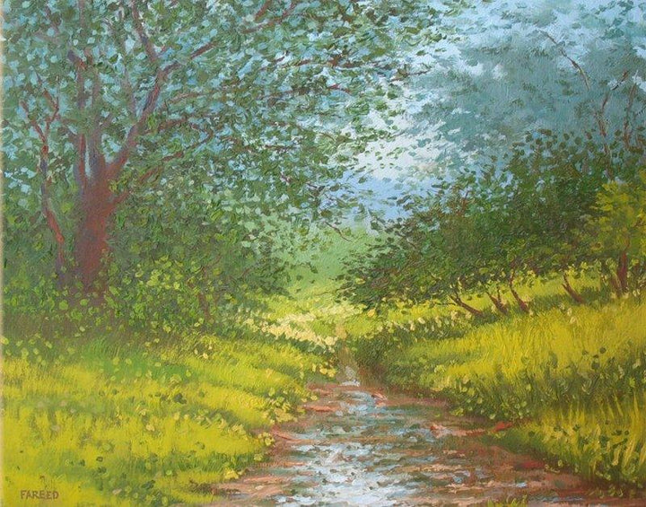 Landscape oil painting titled 'Greenery with stream', 20x16 inches, by artist Fareed Ahmed on Canvas Board