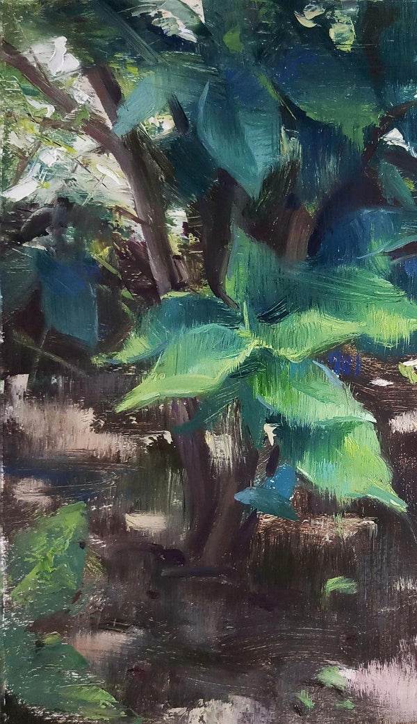 Nature oil painting titled 'Greenleaps', 11x8 inches, by artist Siddharth Gavade on mount board