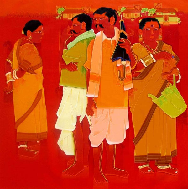 Figurative acrylic painting titled 'Greet', 48x48 inches, by artist Tailor Srinivas on Canvas