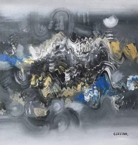 Abstract acrylic painting titled 'Grey Abstract II', 16x16 inches, by artist Deepak Guddadakeri on Canvas