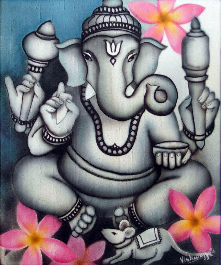 Religious airbrush painting titled 'Grey Ganesha', 30x25 inches, by artist Vishwajyoti Mohrhoff on Canvas