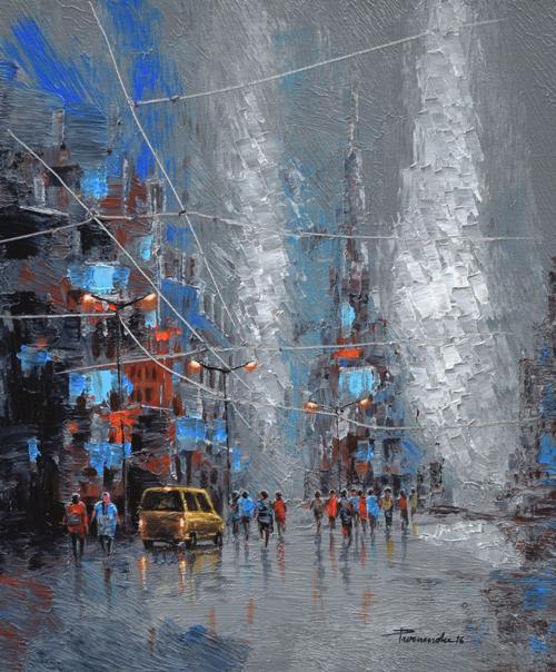 Cityscape acrylic painting titled 'Grey Monsoon', 15x18 inches, by artist Purnendu Mandal on Canvas