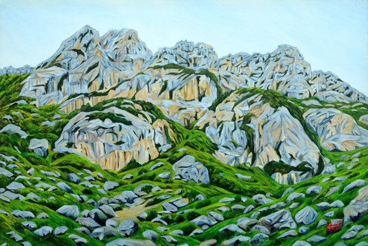 Landscape oil painting titled 'Grey Mountains', 30x45 inches, by artist Ajay Harit on Canvas