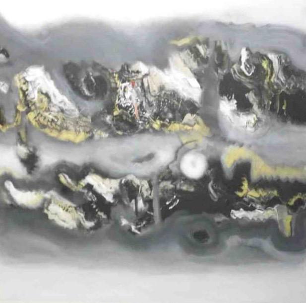 Abstract acrylic painting titled 'Grey Yellow Horizontal Abstract', 48x48 inches, by artist Deepak Guddadakeri on Canvas