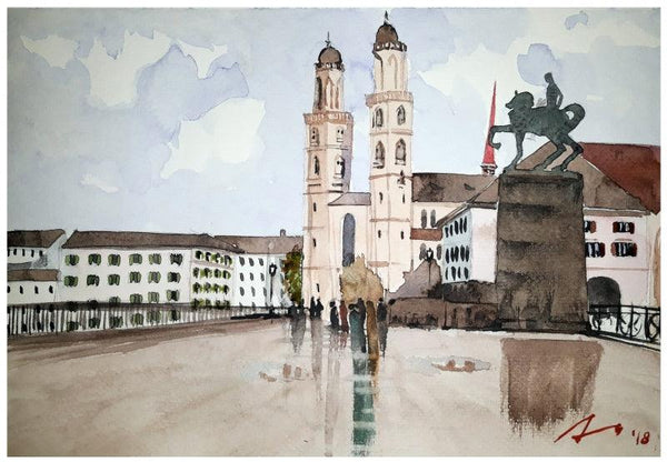 Cityscape watercolor painting titled 'Grosmunster Church Zurich Switzerland', 7x11 inches, by artist Arunava Ray on Paper