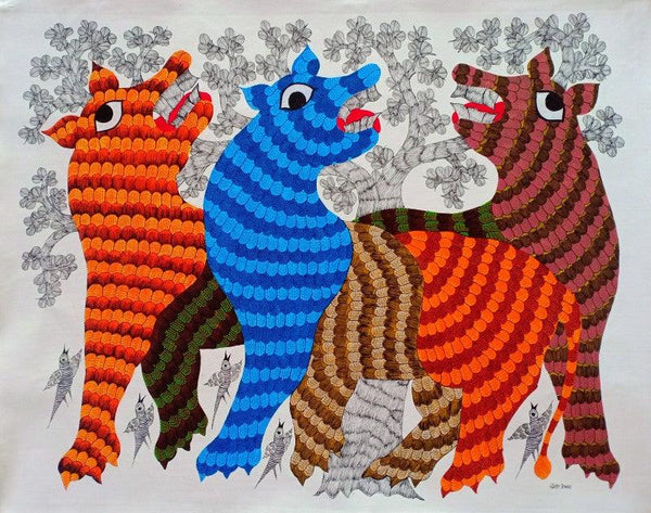 Animals gond traditional art titled 'Group Of Animal', 27x32 inches, by artist Choti Gond Artist on Canvas