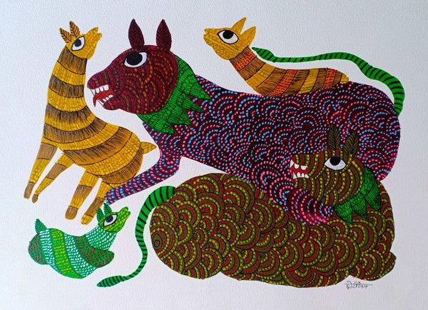 Animals gond traditional art titled 'Group Of Animals 2', 12x16 inches, by artist Choti Gond Artist on Paper