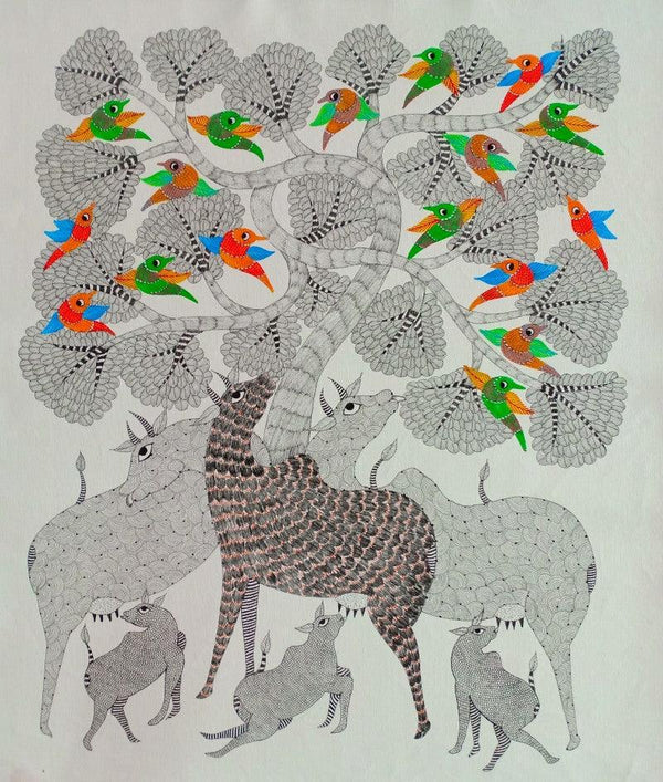Animals gond traditional art titled 'Group Of Animals 5', 32x27 inches, by artist Choti Gond Artist on Canvas