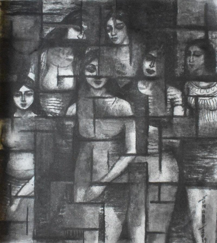 Figurative dry pastel drawing titled 'Group Photo', 12x12 inches, by artist Sumana Nath De on Paper