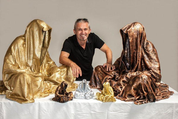 Figurative sculpture titled 'Guardians of time waechter der zeit time', 3x3x6 inches, by artist Manfred Kielnhofer on polyester