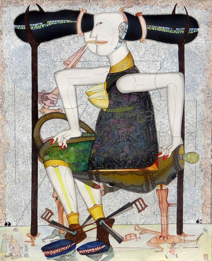 contemporary mixed media painting titled 'Guddi Darling', 76x48 inches, by artist Hrusikesh Biswal on Acid Free Paper