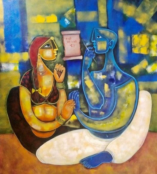 Figurative acrylic painting titled 'Gujarati Lovers', 48x48 inches, by artist Amit Rajvanshi on Canvas